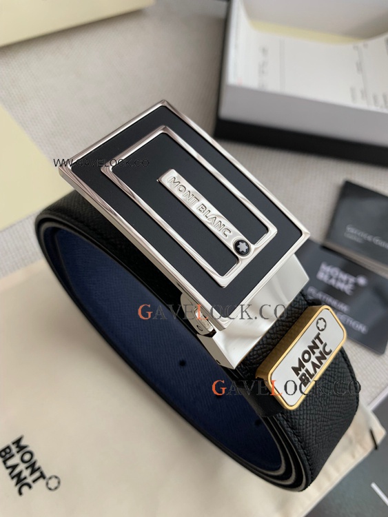 Copy Mont Blanc black/blue 35mm Reversible Leather Belt Copy Mont Blanc black/blue 35mm Reversible Leather Belt